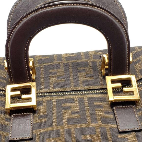 AUTH FENDI ZUCCA BROWN CANVAS LEATHER HAND BAG - Picture 8 of 16